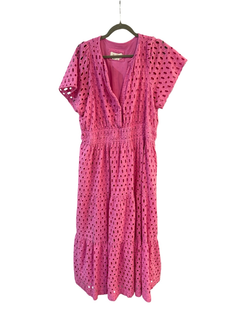 Anthropologie Somerset Pink Eyelet Maxi Summer Smocked Tiered cotton Dress 1X - Picture 2 of 6